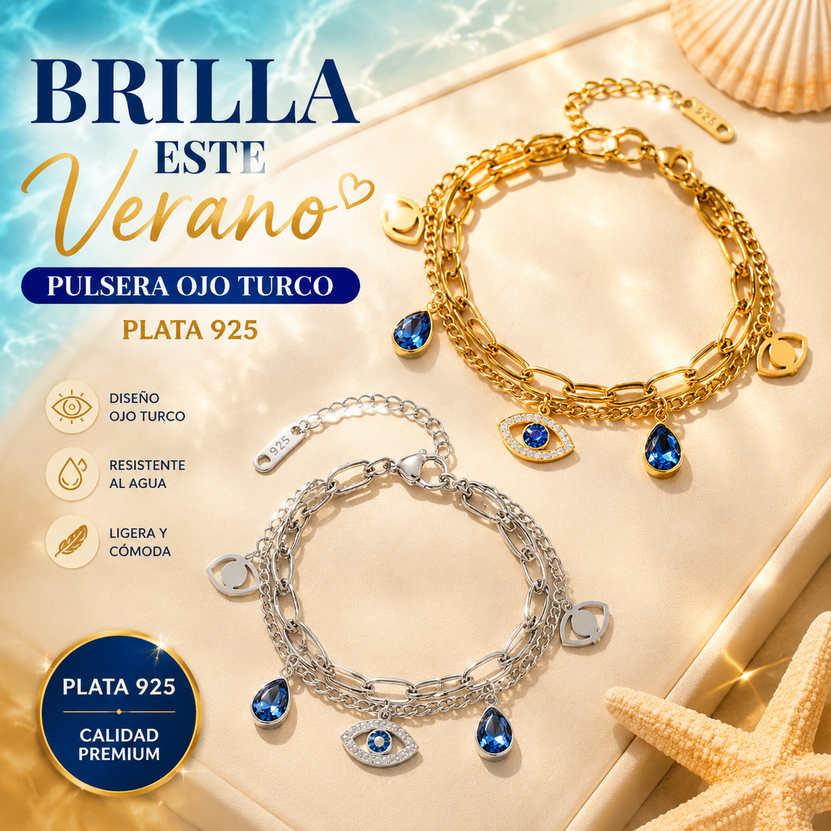 🔥【Compra 1 y llévate 1 gratis】👁Pulsera de plata de ley 925 con diseño de ojo turco y temática veraniega