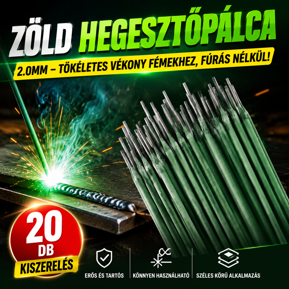 🔥【30% OFF】🟢【20 db】Zöld hegesztőelektróda 2.0 – Tökéletes vékony fémlemezhez, fúrás nem szükséges!