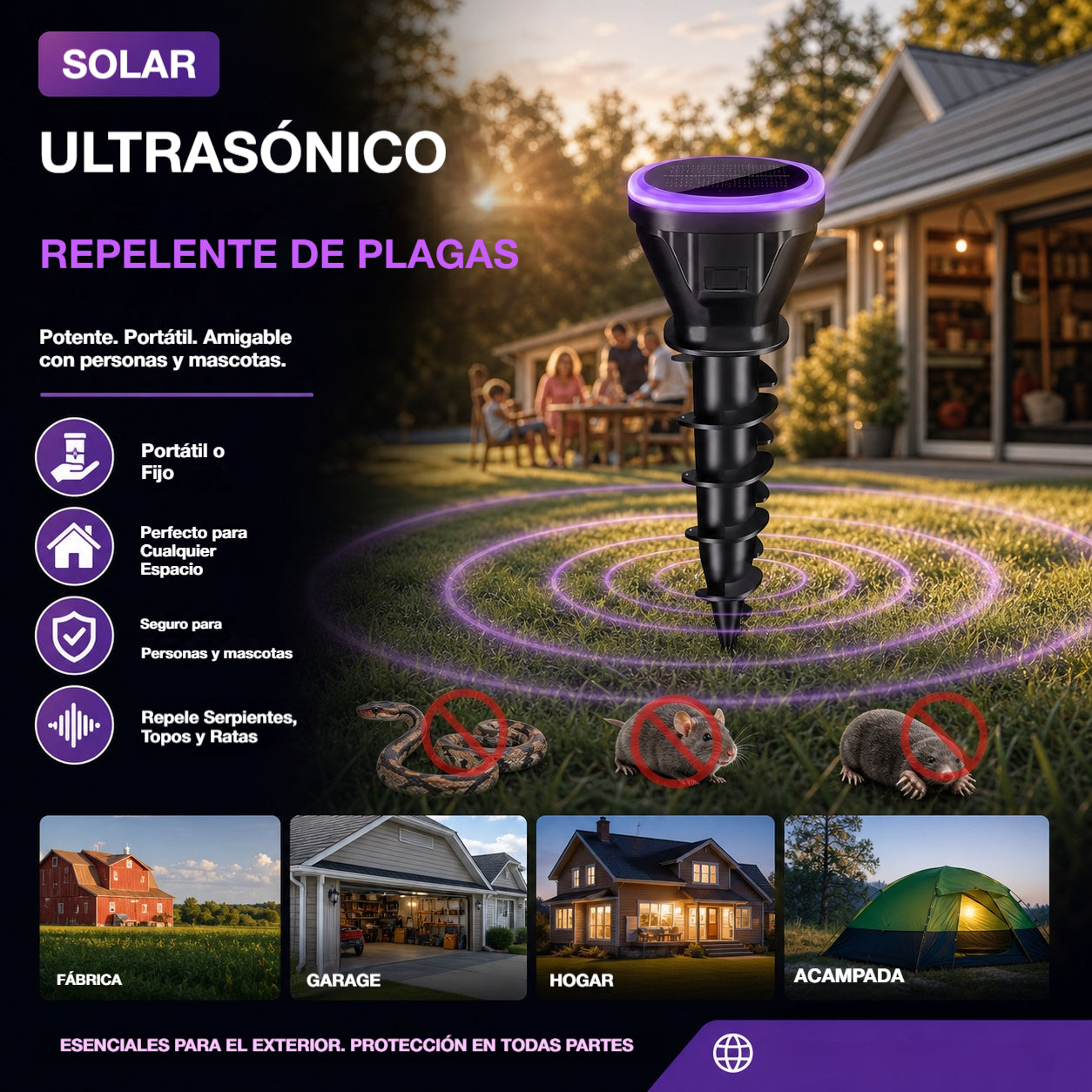 🔥 ¡Más de 100.000 unidades vendidas! 🛡️ Repele serpientes, insectos y roedores, ¡y protege tu hogar! 🏡️ Repelente ultrasónico de ratas con energía solar.