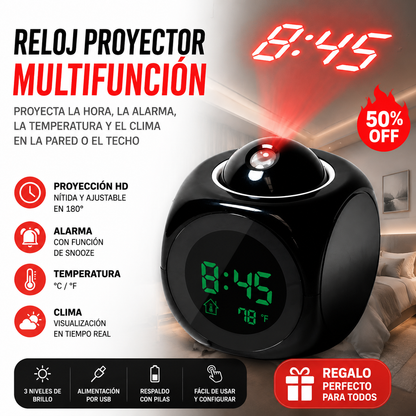 ⏰ Reloj proyector multifunción — hora, alarma, temperatura y clima en tu pared o techo
