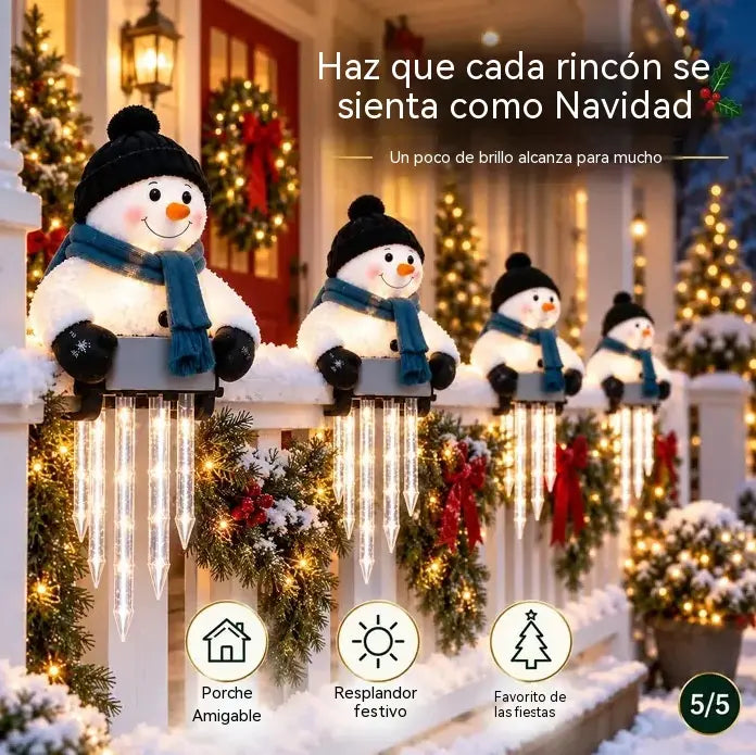 ☃️🎁 Decoración luminosa de muñeco de nieve para barandilla con carámbanos colgantes – Decoración navideña para el porche🎄