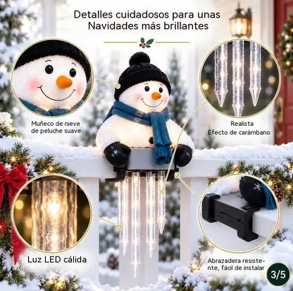 ☃️🎁 Decoración luminosa de muñeco de nieve para barandilla con carámbanos colgantes – Decoración navideña para el porche🎄