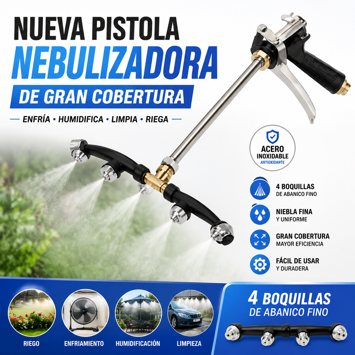 💦💦Nueva pistola pulverizadora de área amplia con niebla fina de cuatro cabezales en forma de abanico de acero inoxidable a prueba de óxido
