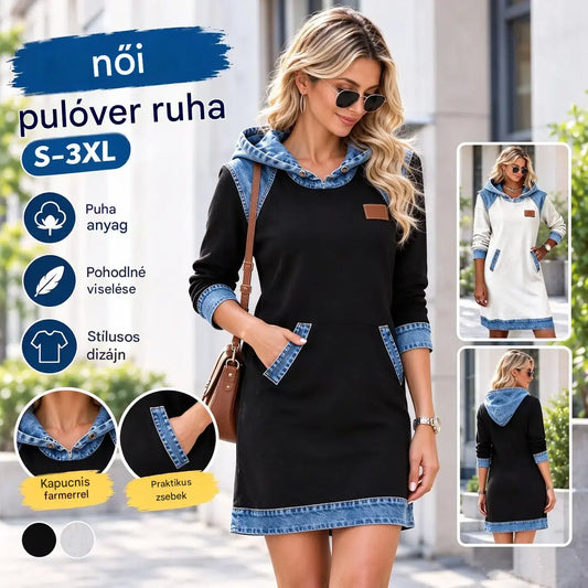 🔥50% kedvezmény🌷🌞 Új téli kollekció: Divatos, patchwork stílusú farmer kapucnis ruha