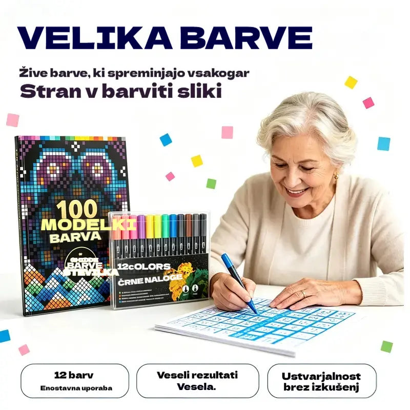 🛍️ Komplet pobarvank proti stresu "100 vzorcev za čuječe barvanje" 🎨 Barvanje po številkah za odrasle in starejše | 100 vzorcev (rože, mandale) + komplet flomastrov vključen, trening možganov in sprostitev