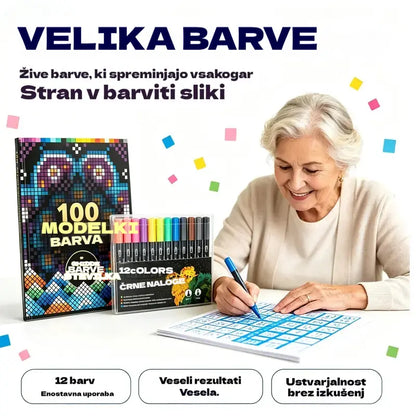 🛍️ Komplet pobarvank proti stresu "100 vzorcev za čuječe barvanje" 🎨 Barvanje po številkah za odrasle in starejše | 100 vzorcev (rože, mandale) + komplet flomastrov vključen, trening možganov in sprostitev