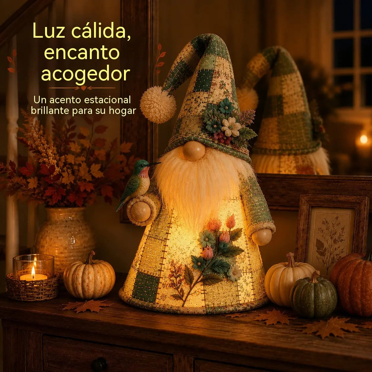 🔥 OFERTA ESPECIAL: 49% DE DESCUENTO – 🐦 Lámpara de gnomo pájaro patchwork | Decoración de mesa con luz cálida y detalles de patchwork estilo rústico para repisas, estantes y regalos