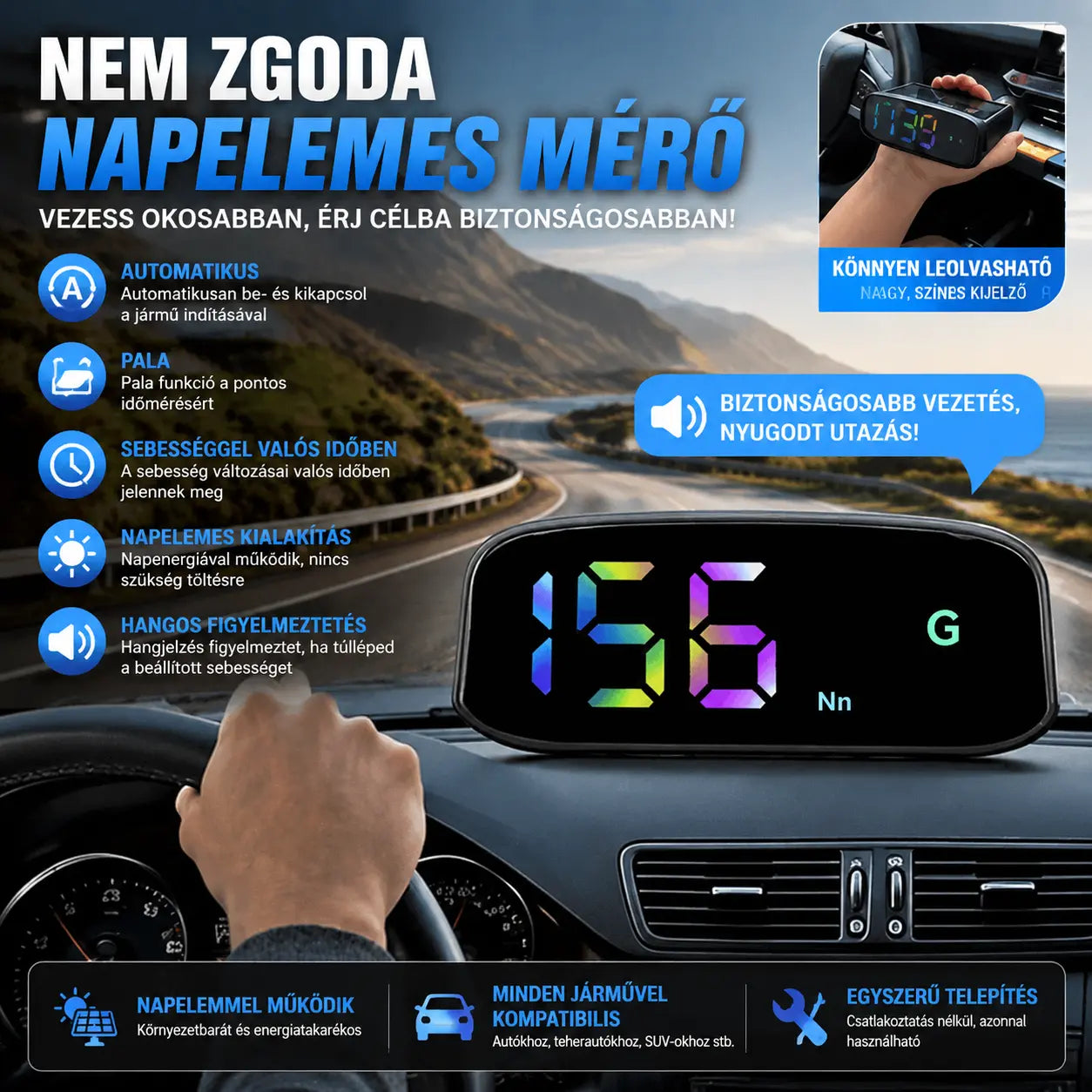 🚗Napenergiás kijelző autó sebességmérőhöz
