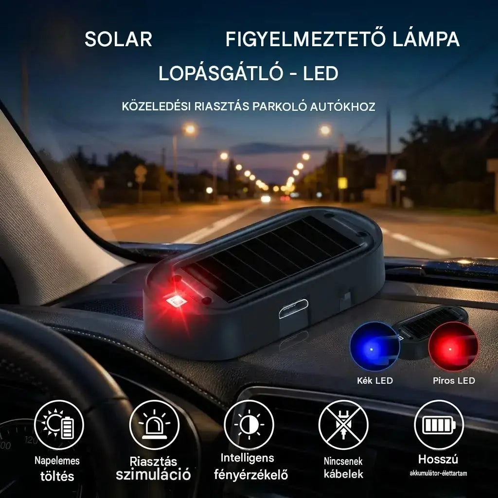 🎁🚗💥 Kompakt, napelemes LED-es lopásgátló figyelmeztető lámpa