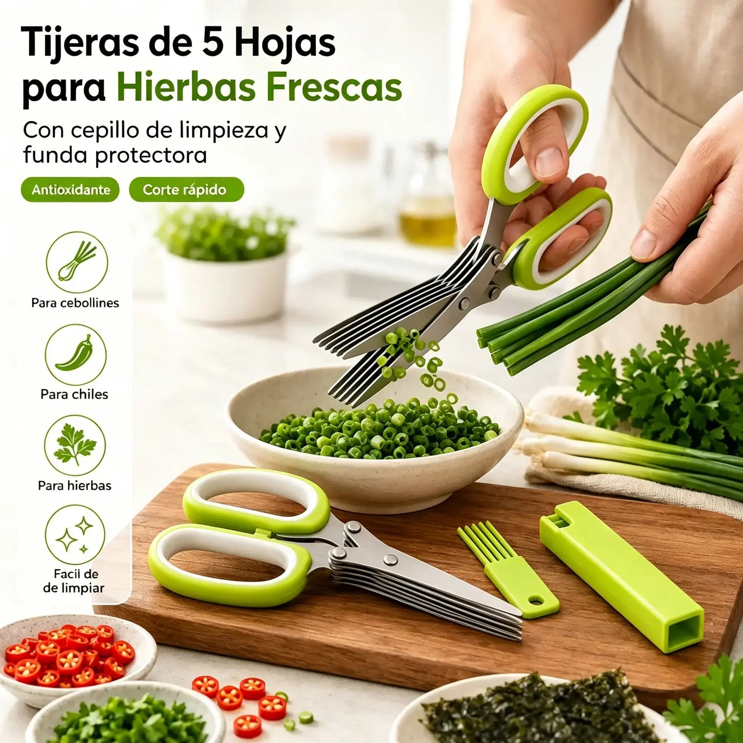 2 piezas 28 € 🌿 Tijeras para hierbas de 5 hojas: cortador de cocina rápido para hierbas y especias frescas