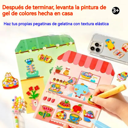 🌈 ¡Crea tus propias pegatinas de gelatina! 🎨 Kit de arte DIY para pintar, despegar y pegar para niños ✨ 4 temas divertidos + Set completo de manualidades 🎁