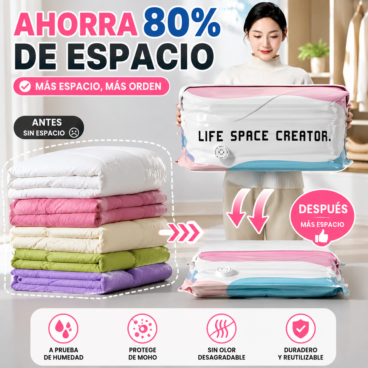 🧳【Juego de 5 piezas 29 euros 】💨 Bolsa de almacenamiento al vacío grande y compresible: no requiere bomba, es a prueba de fugas e ideal para ahorrar espacio en maletas y en casa ✈️