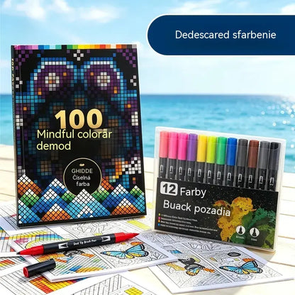 🛍️ Sada antistresových omaľovánok „100 vzorov – vedomé vyfarbovanie“ 🎨 Maľovanie podľa čísel pre dospelých a seniorov | 100 vzorov (kvety, mandaly) + sada fixiek v cene, tréning mozgu a relaxácia