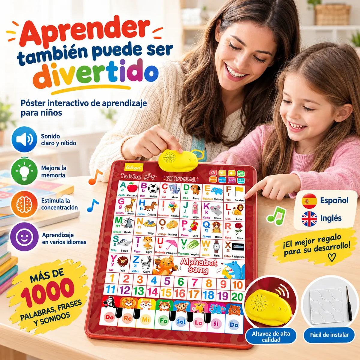 🔊 Kétnyelvű (spanyol-angol) beszélő oktatóposzter | Hangos ábécé (26/27 betű) | Prémium ajándékkészlet gyerekeknek 🎁