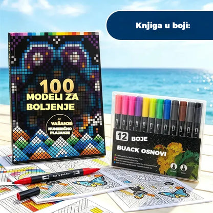 🛍️ Set antistres bojanki "100 uzoraka za svjesno bojanje" 🎨 Bojanje po brojevima za odrasle i starije osobe | 100 uzoraka (cvijeće, mandale) + set markera uključen, trening mozga i opuštanje