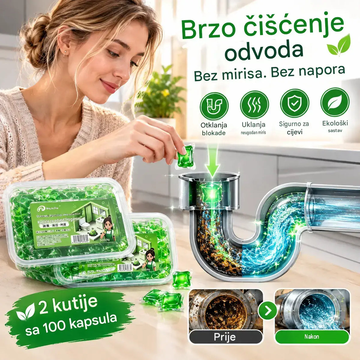 2 pakiranja (100 tableta) za 25 eura. Kapsule topljive u vodi za uklanjanje mirisa iz odvoda - savršeno rješenje za sprječavanje širenja mirisa u kupaonicama i kuhinjama.