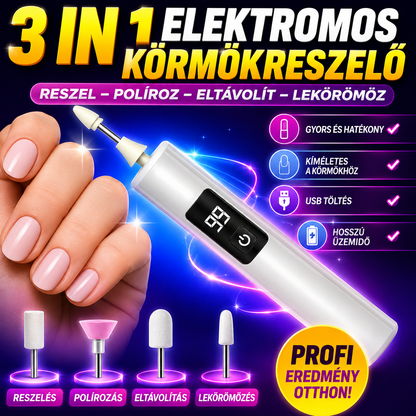 👍💅Háromfunkciós elektromos körömcsiszoló: csiszolás, polírozás, hámlasztás és körömlakklemosás