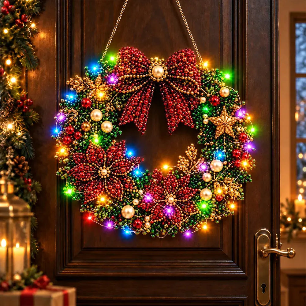🎄 Karácsonyi koszorú gyémántokkal, gyöngyökkel és LED-lámpákkal! Tartós akrillap · 9 ünnepi dizájn · Tökéletes dekoráció ajtókra, falakra és ablakokra · Lélekkel készült ajándék!