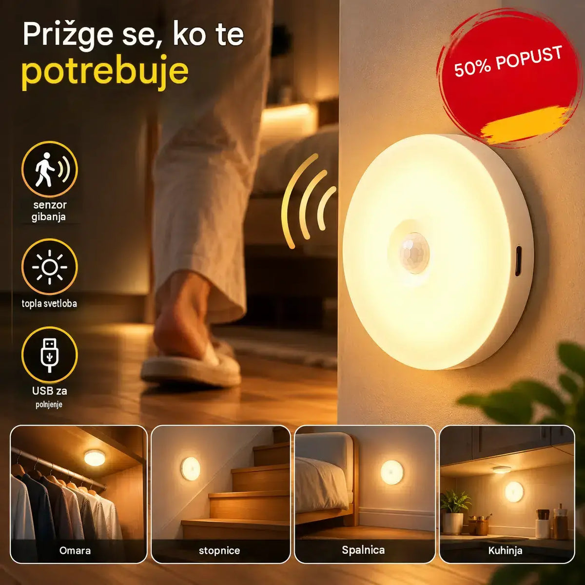 🔥【Kupite eno in dobite eno brezplačno】🏡💡Pametna LED lučka, ki zaznava človeško telo, enostavna za polnjenje in praktična