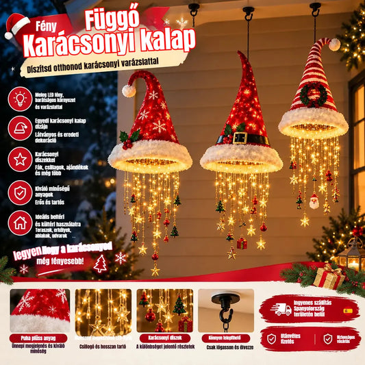 🎅 Hópelyhes és kristályos LED-fényű karácsonyi sapka – Varázslatos ragyogás a verandán ✨