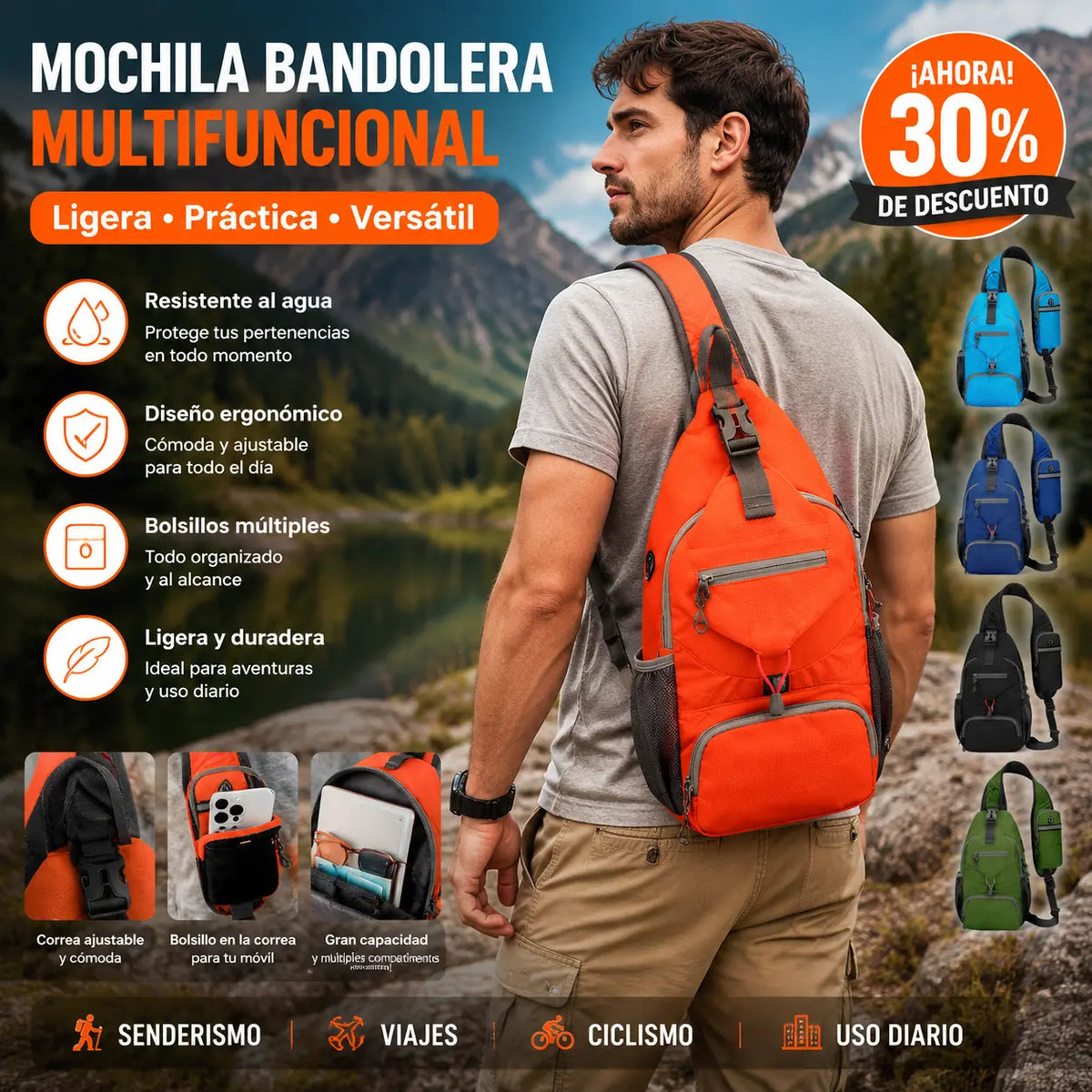 🎒 ¡50% DE DESCUENTO POR TIEMPO LIMITADO! ✨ Bandolera para hombre para exteriores: multibolsillos, resistente al agua, espalda transpirable 🌦️
