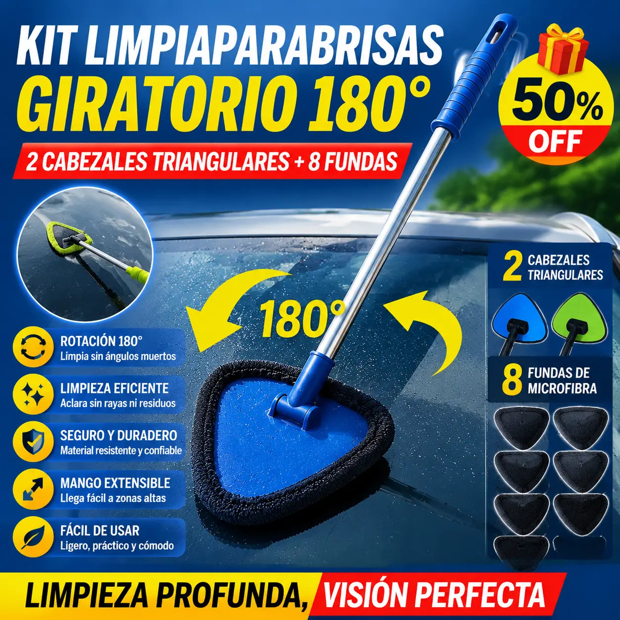 🎁【2 piezas de plástico triangulares + 8 fundas de tela】Kit de limpieza de parabrisas de coche - extensible y giratorio 180°