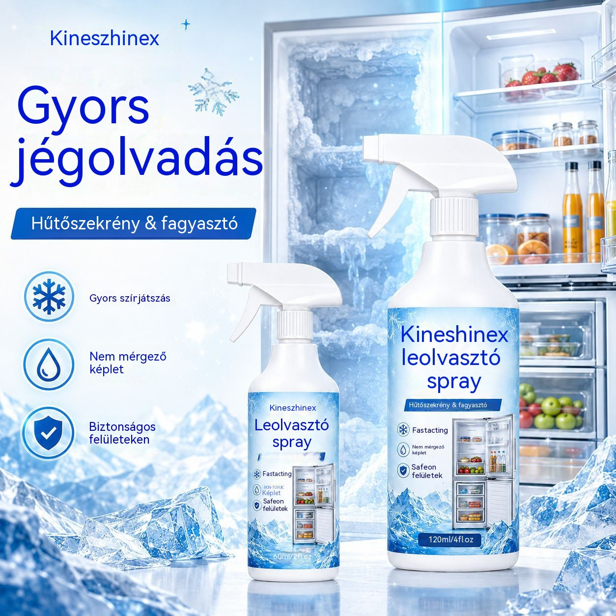 🔥【2 üveg 8700】❄️ Új jégtelenítő spray 2026 🧡 Gyorsan eltávolítható jég a fagyasztóból