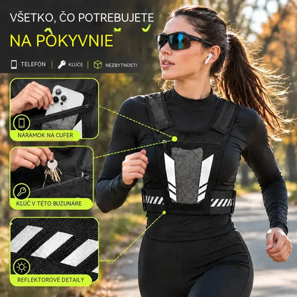 🏃 Športni telovnik za tek z žepom na prsih · Žep za telefon z zadrgo · Držalo za bidon na hrbtni strani · Odsevni elementi za vidljivost v temi · Zračna mrežica in nastavljivi trakovi!