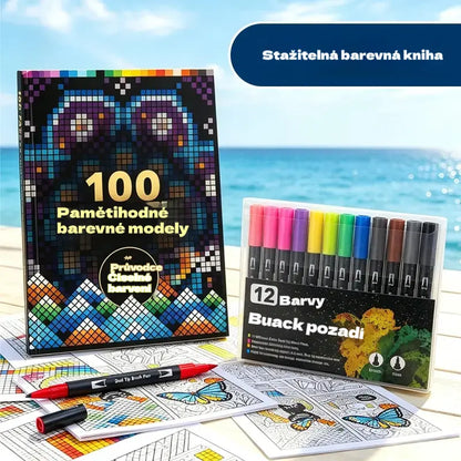 🛍️ Sada antistresových omalovánek "100 vzorů pro vědomé vybarvování" 🎨 Malování podle čísel pro dospělé a seniory | 100 vzorů (květiny, mandaly) + sada fixů v ceně, trénink mozku a relaxace