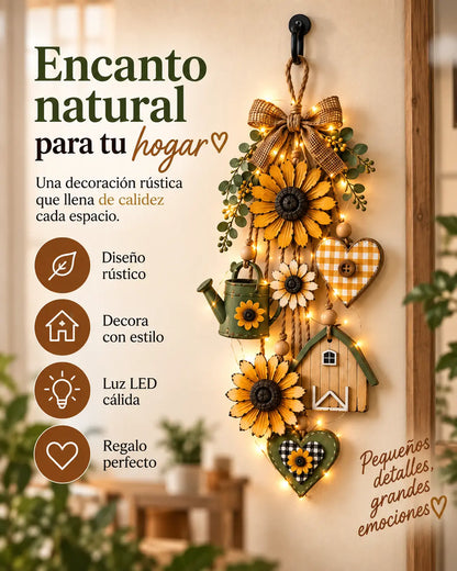 🌻Adorno colgante rústico de madera con temática de jardín y luces de hadas con control remoto