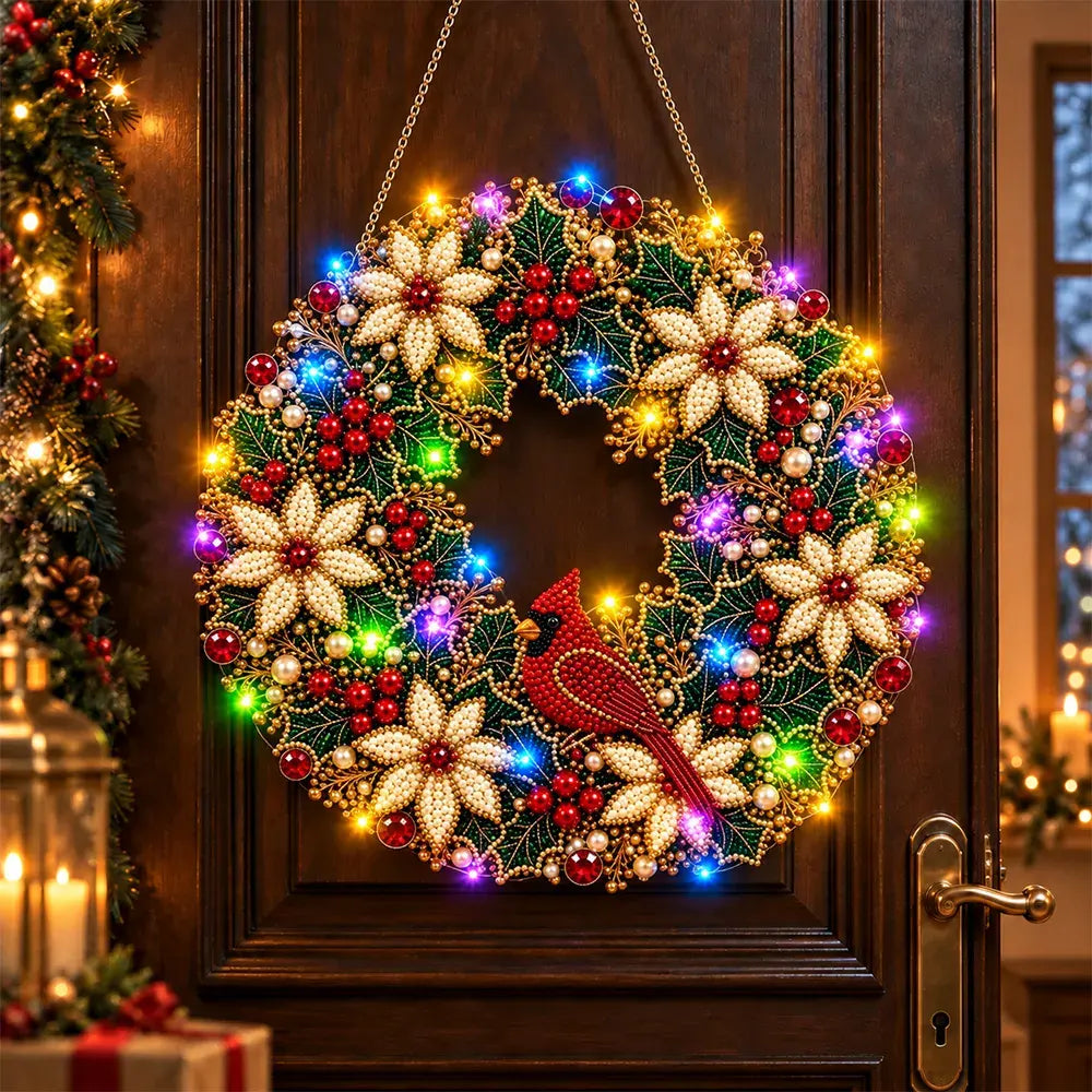 🎄 Karácsonyi koszorú gyémántokkal, gyöngyökkel és LED-lámpákkal! Tartós akrillap · 9 ünnepi dizájn · Tökéletes dekoráció ajtókra, falakra és ablakokra · Lélekkel készült ajándék!