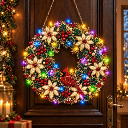 🎄 Karácsonyi koszorú gyémántokkal, gyöngyökkel és LED-lámpákkal! Tartós akrillap · 9 ünnepi dizájn · Tökéletes dekoráció ajtókra, falakra és ablakokra · Lélekkel készült ajándék!