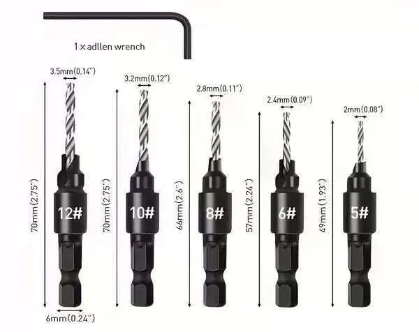 🔧🔧【Juego de 5 piezas por 25 €】 Juego de herramientas de biselado para carpintería con mango hexagonal de 1/4 de pulgada, apto para trabajos de carpintería, incluye llaves en forma de L #5 #6 #8 #10 #12