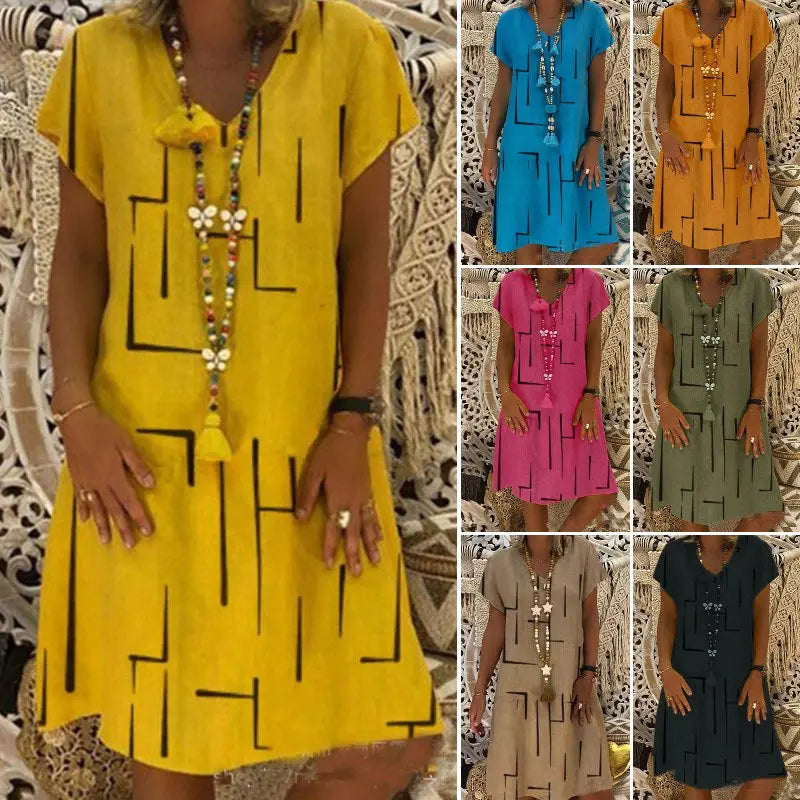 👗【S–5XL】Mintás pamut ruha V-nyakkivágással