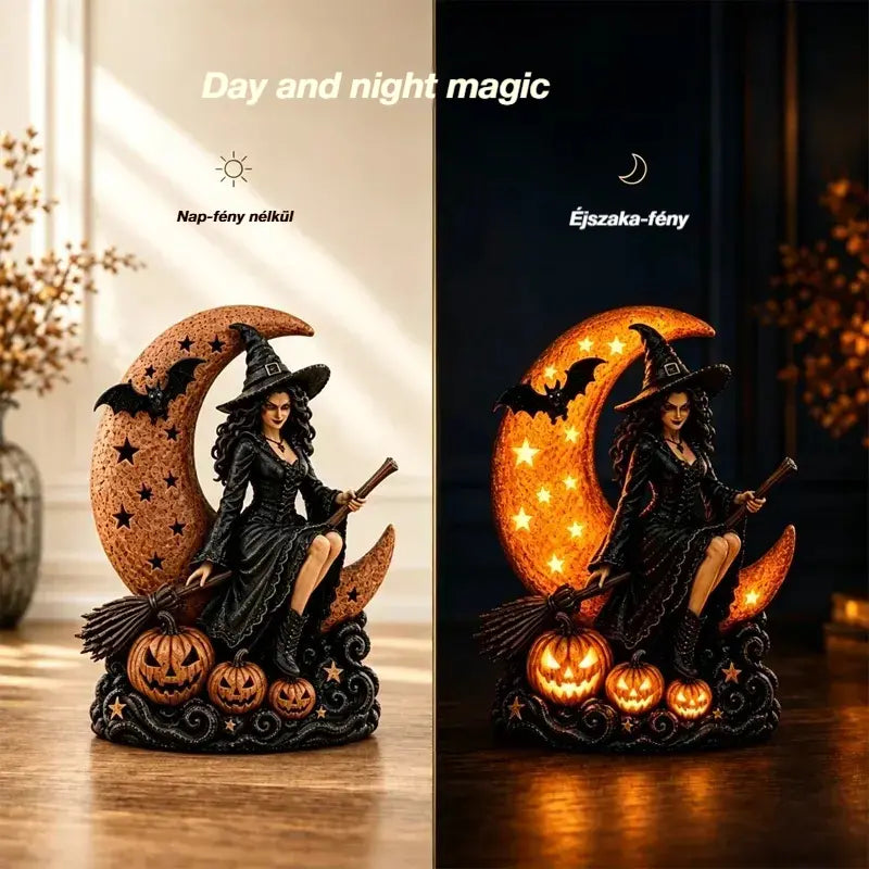🎃🔮 Boszorkány és teliholdlámpa – Dekoratív gótikus szobor, ideális ajándék 🌙 🎃