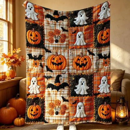 🎃【70x100cm】Manta de franela con estampado de calabazas y murciélagos de Halloween, suave, ligera y cómoda, ideal para sofás y camas.