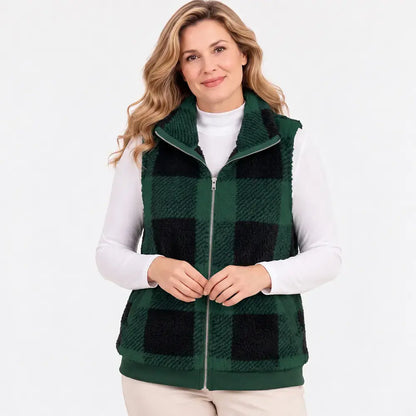 🧥【S-3XL】Női kockás ujjatlan plüss kabát őszi és téli viseletre, vastag plüss anyagból, laza szabású, meleg őszi és téli kabát, állógallérral, cipzáras stílusban🥰