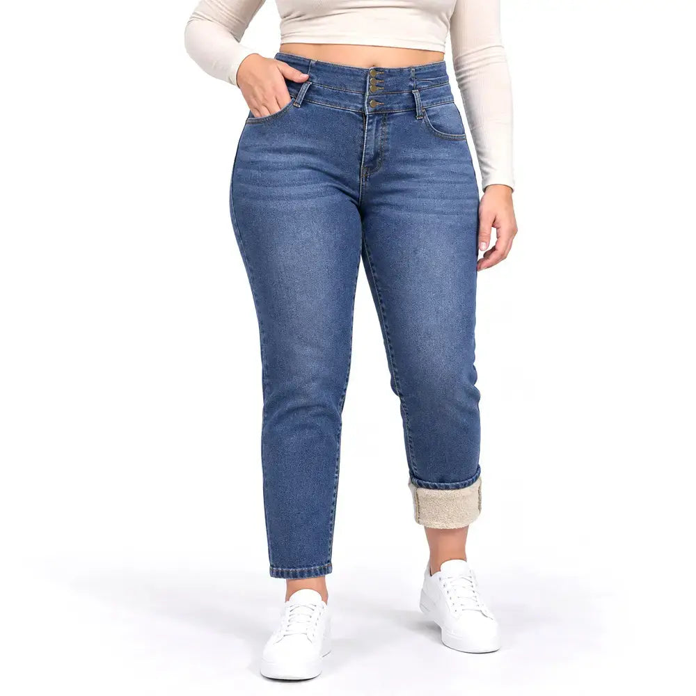 🔥【S-2XL/2 szín】Női polár bélésű, mosott, többgombos, testhezálló farmer