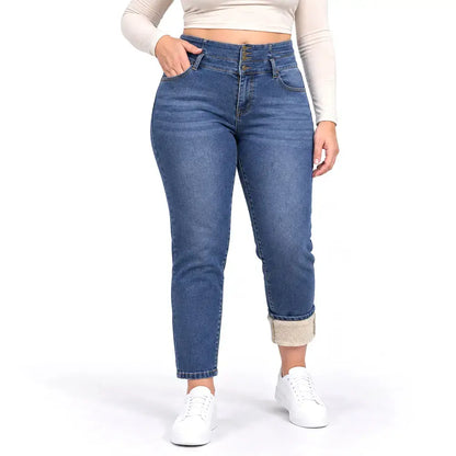 🔥【S-2XL/2 szín】Női polár bélésű, mosott, többgombos, testhezálló farmer