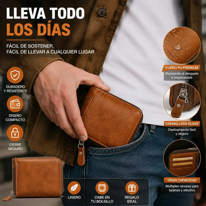 ✨🎁Cartera retro para hombre de piel sintética con cremallera, tarjetero/monedero plegable.