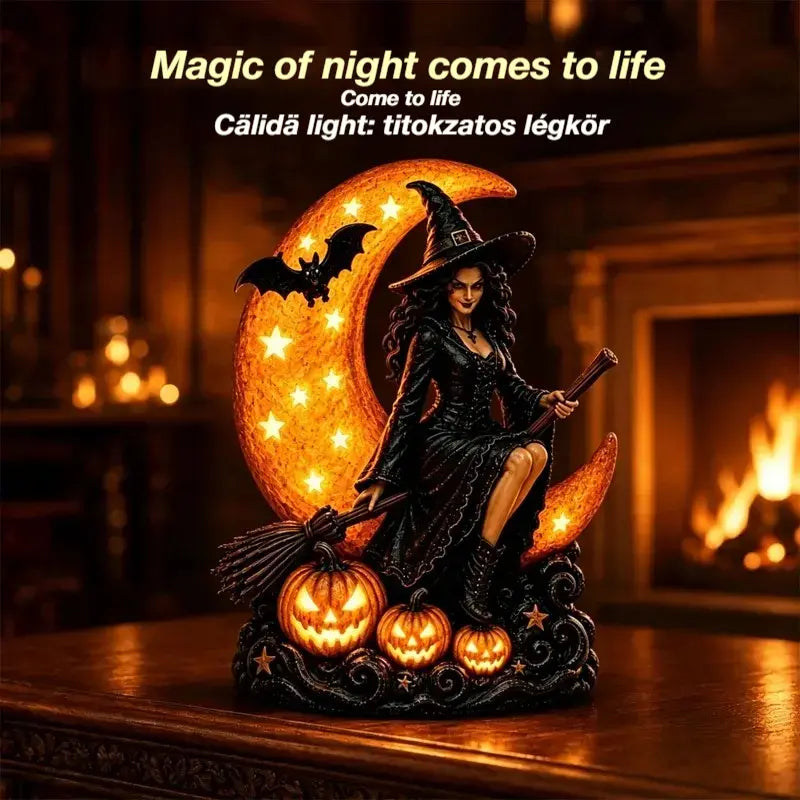 🎃🔮 Boszorkány és teliholdlámpa – Dekoratív gótikus szobor, ideális ajándék 🌙 🎃