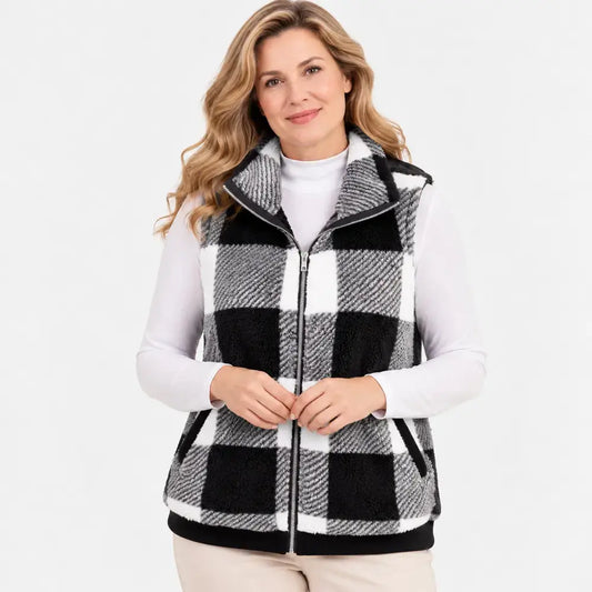 🧥【S-3XL】Női kockás ujjatlan plüss kabát őszi és téli viseletre, vastag plüss anyagból, laza szabású, meleg őszi és téli kabát, állógallérral, cipzáras stílusban🥰