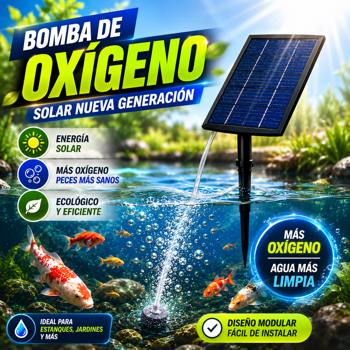 🐟💦 Nuevo tipo de bomba aireadora solar adecuada para estanques de peces y jardines, diseño modular, con base de enchufe exterior.