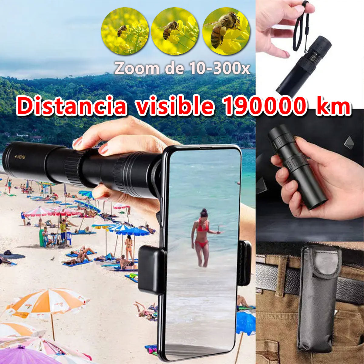 Monocular 10-300x40 con zoom – visión HD de alta potencia para actividades al aire libre y uso nocturno