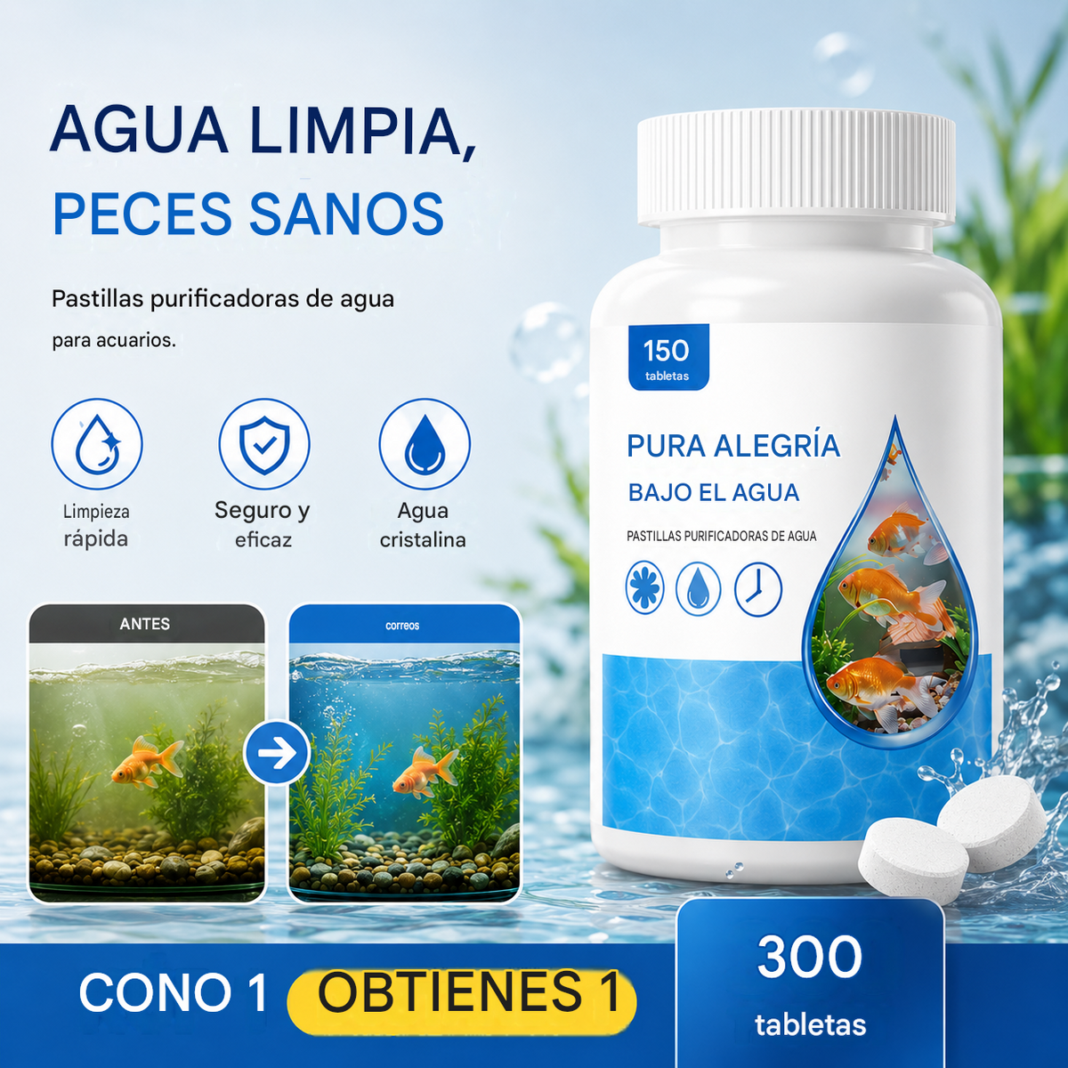 🐟【300 tabletas】💧 Tabletas efervescentes para limpiar el agua de acuarios y estanques, tabletas oxigenantes para acuarios 🔥