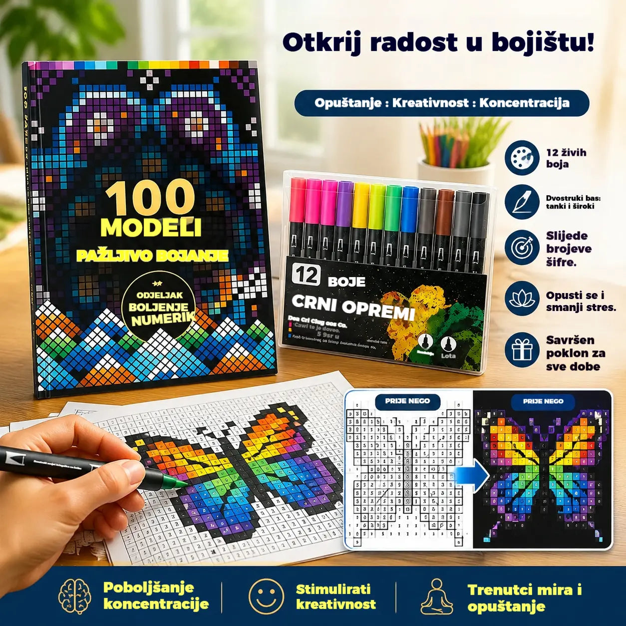 🛍️ Set antistres bojanki "100 uzoraka za svjesno bojanje" 🎨 Bojanje po brojevima za odrasle i starije osobe | 100 uzoraka (cvijeće, mandale) + set markera uključen, trening mozga i opuštanje
