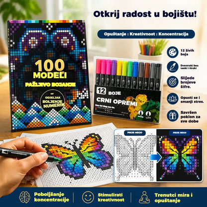 🛍️ Set antistres bojanki "100 uzoraka za svjesno bojanje" 🎨 Bojanje po brojevima za odrasle i starije osobe | 100 uzoraka (cvijeće, mandale) + set markera uključen, trening mozga i opuštanje